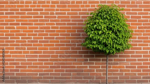 Lush green tree standing against a textured brick wall, showcasing urban nature integration photo