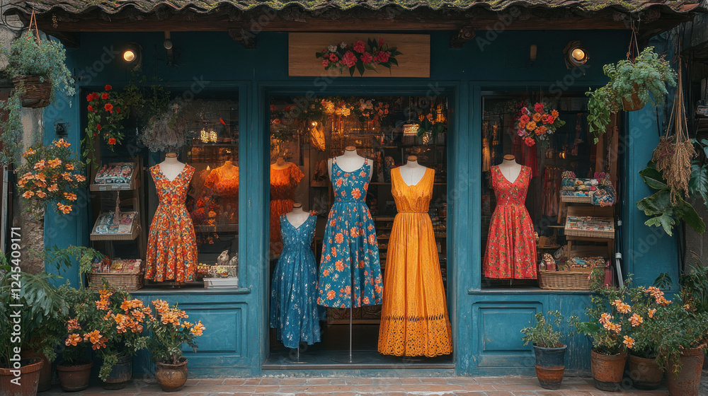 Fototapeta premium Clothing boutique featuring colorful, high-end dresses with vibrant floral patterns displayed in the window