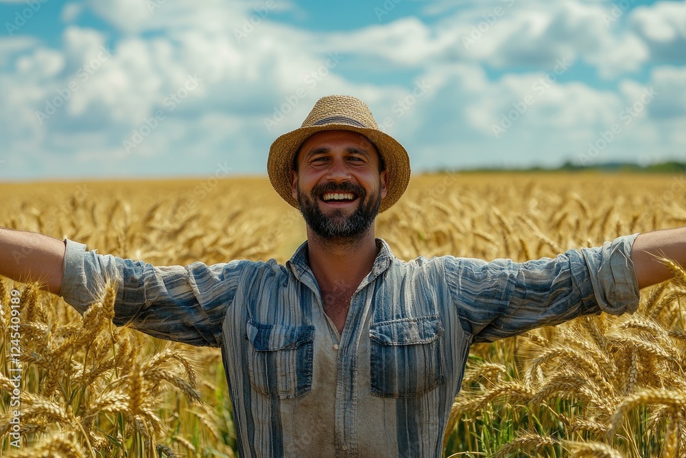 Happy farmer embracing golden wheat field with open arms Happy farmer embracing golden wheat field with open arms
