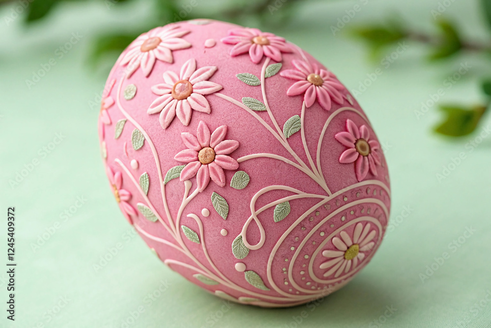 Decorated Easter Egg. A close-up of a beautifully decorated pink Easter egg with intricate floral patterns against a soft green background.
Decorated Easter Egg. A close-up of a beautifully decorated pink Easter egg with intricate floral patterns against a soft green background.