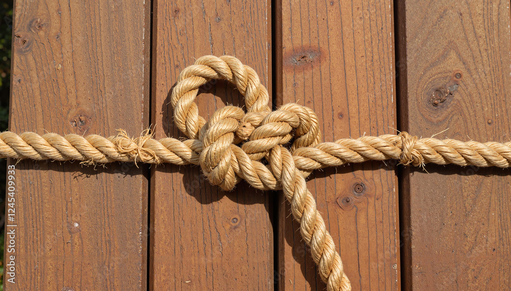 Knot tied with rope on wooden surface Knot tied with rope on wooden surface