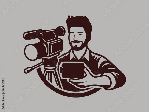 Man streaming or streaming video directly from a camera or cellphone, this man streaming image is suitable for logos, templets and backgrounds