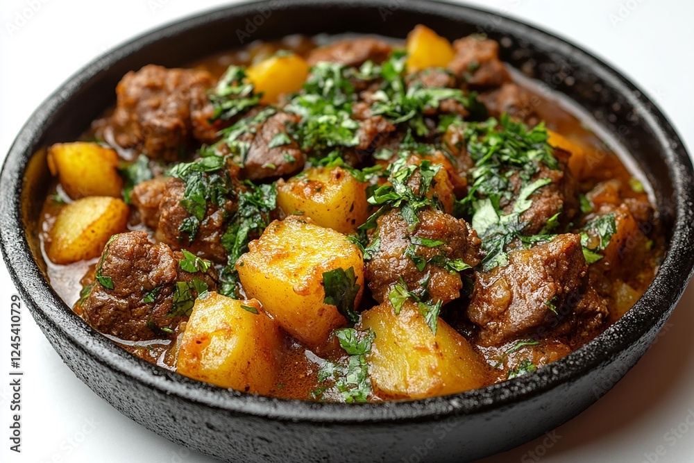 A delicious beef and potato stew garnished with fresh herbs. A delicious beef and potato stew garnished with fresh herbs.