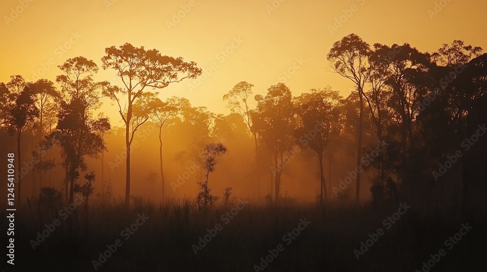 Misty Forest at Sunrise with Silhouetted Trees and Golden Hues in the Sky Misty Forest at Sunrise with Silhouetted Trees and Golden Hues in the Sky