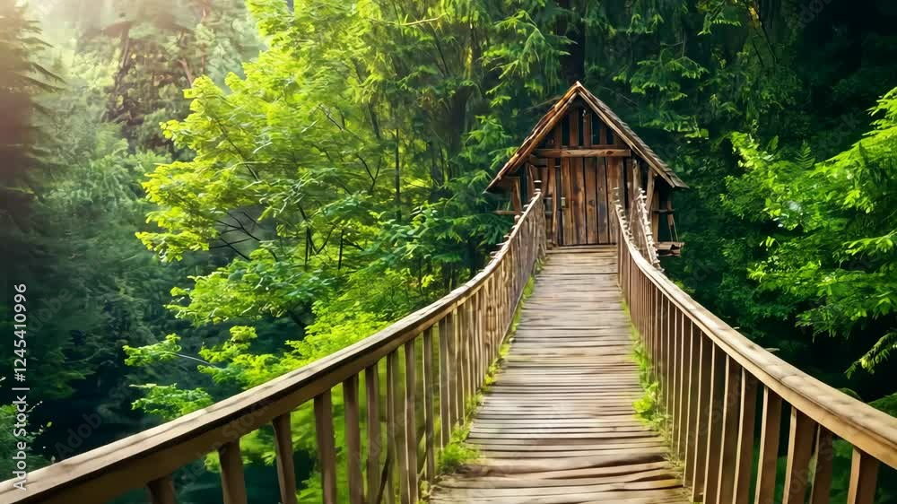 Wooden Bridge to Secluded Cabin: A weathered wooden bridge spans a verdant forest, leading to a secluded cabin perched atop a forested ridge. Wooden Bridge to Secluded Cabin: A weathered wooden bridge spans a verdant forest, leading to a secluded cabin perched atop a forested ridge.