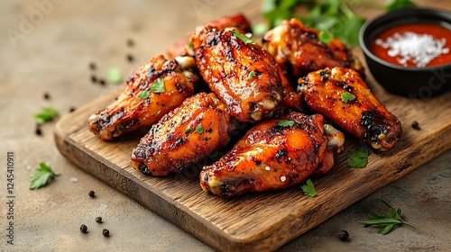 Fresh chicken wings neatly arranged on a wooden cutting board, seasoned with salt and black pepper, ready for cooking, set against a warm beige background with space for text.
