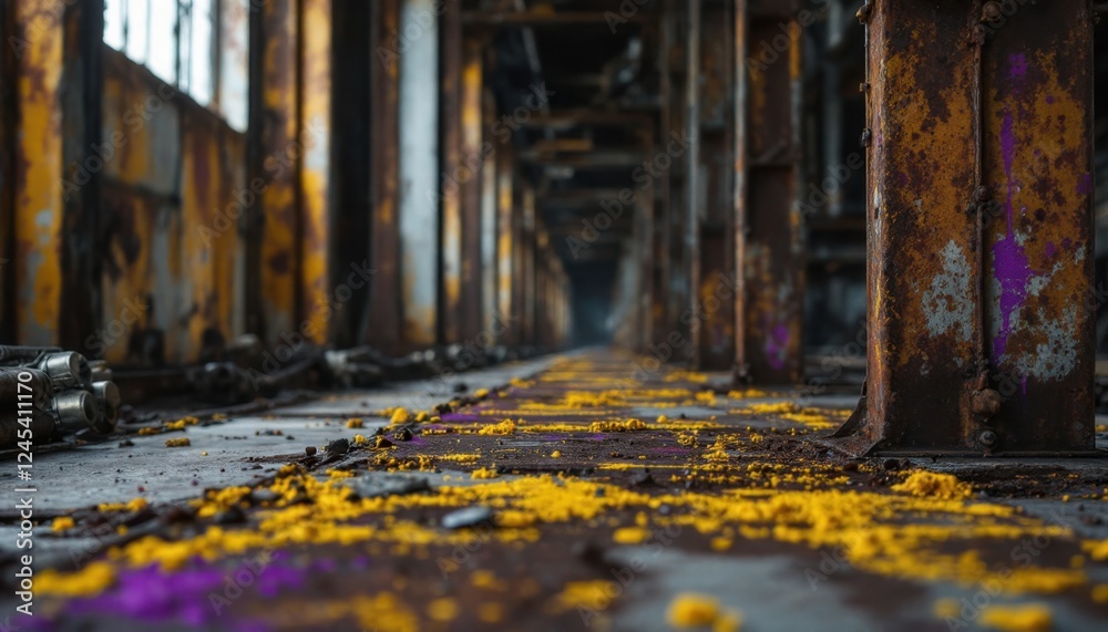 Obraz premium Abandoned industrial warehouse with rusty metal structure and yellow debris