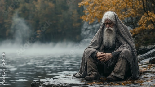 Elderly caucasian male with long beard sitting by misty autumn lake in contemplation