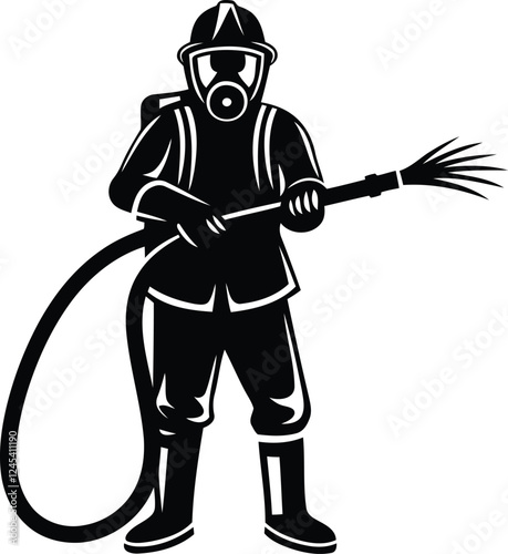 Firefighter in full gear silhouette vector illustration design, firefighter in full gear premium quality line art vector, firefighter in full gear vector icon design
