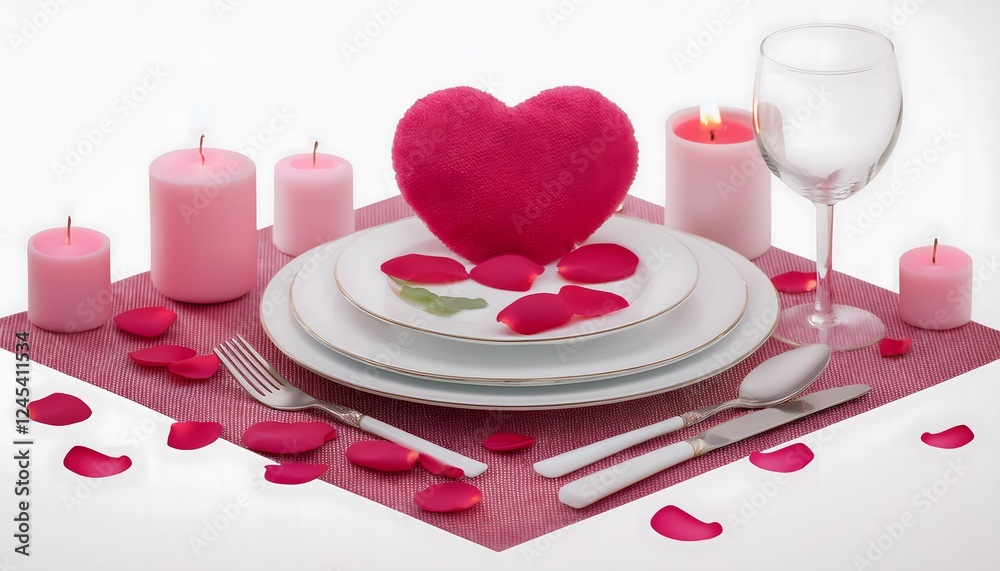 Festive Valentine's Day decorations: Valentine table setting, rose petals, candles, and elegant dinnerware. Festive Valentine's Day decorations: Valentine table setting, rose petals, candles, and elegant dinnerware.