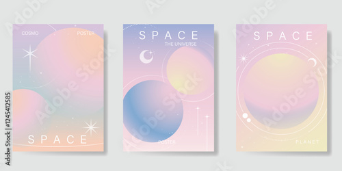 Planet and galaxy Space card vector set. Solar system with galaxy planets, asteroids, jupiter, saturn, mars, moon, ring line solar. Cosmic design for flyer, brochure, background, poster, cover. 