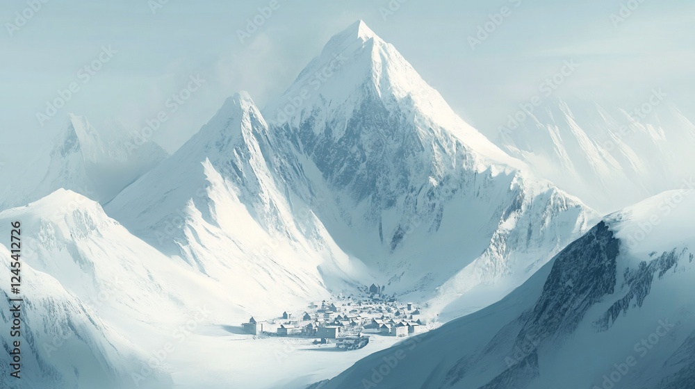 Obraz premium Snow-covered mountain peaks surround a small village nestled in a valley below under the light blue sky