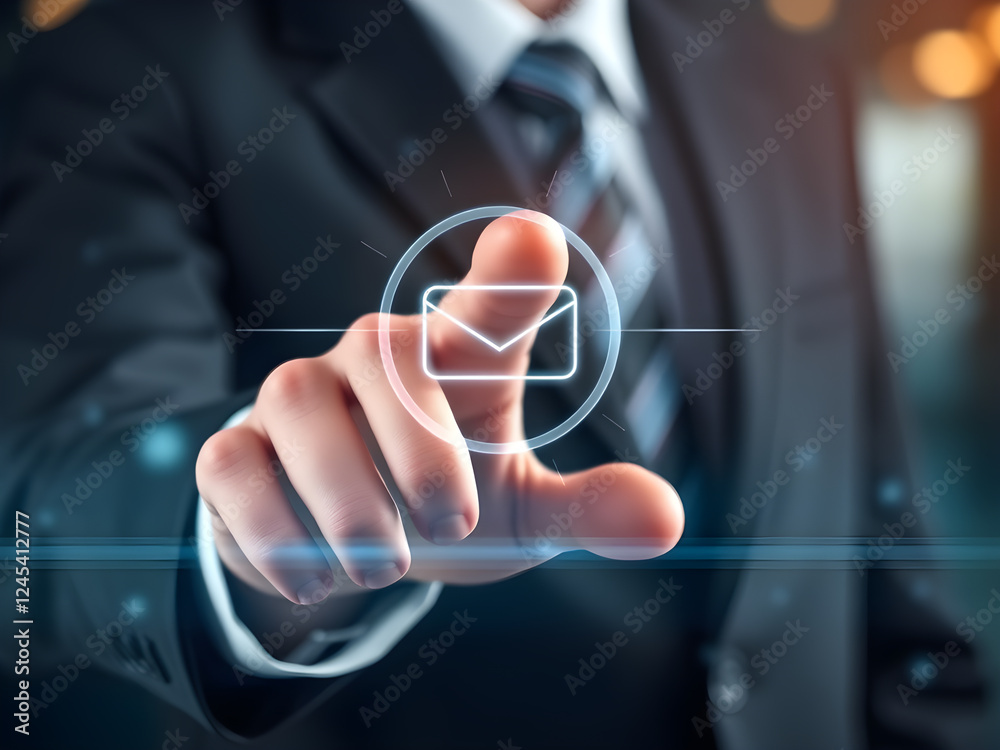 a businessman touching a digital email icon. a businessman touching a digital email icon.