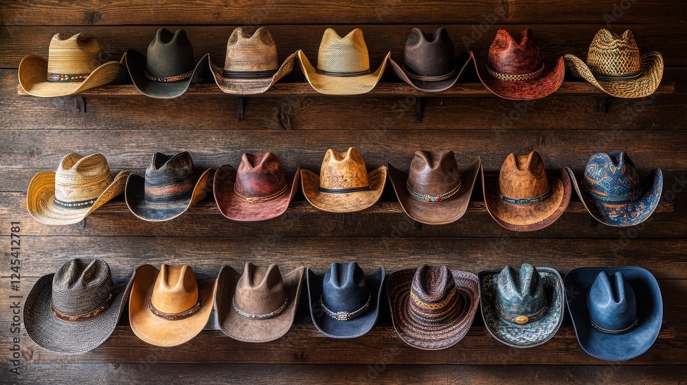 Collection of cowboy hats on wooden wall display