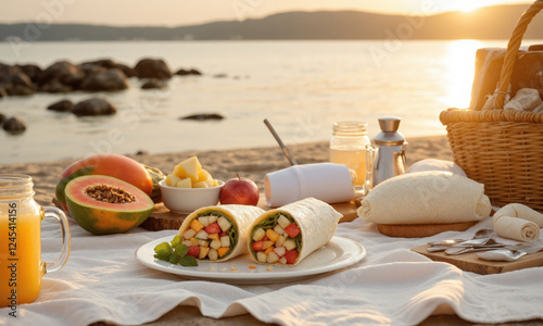 Beach Picnic with Gourmet Wraps, Fruits, and Ice-Cold Beverages A luxurious beach picnic spread out on a soft blanket, featuring gourmet wraps, fresh