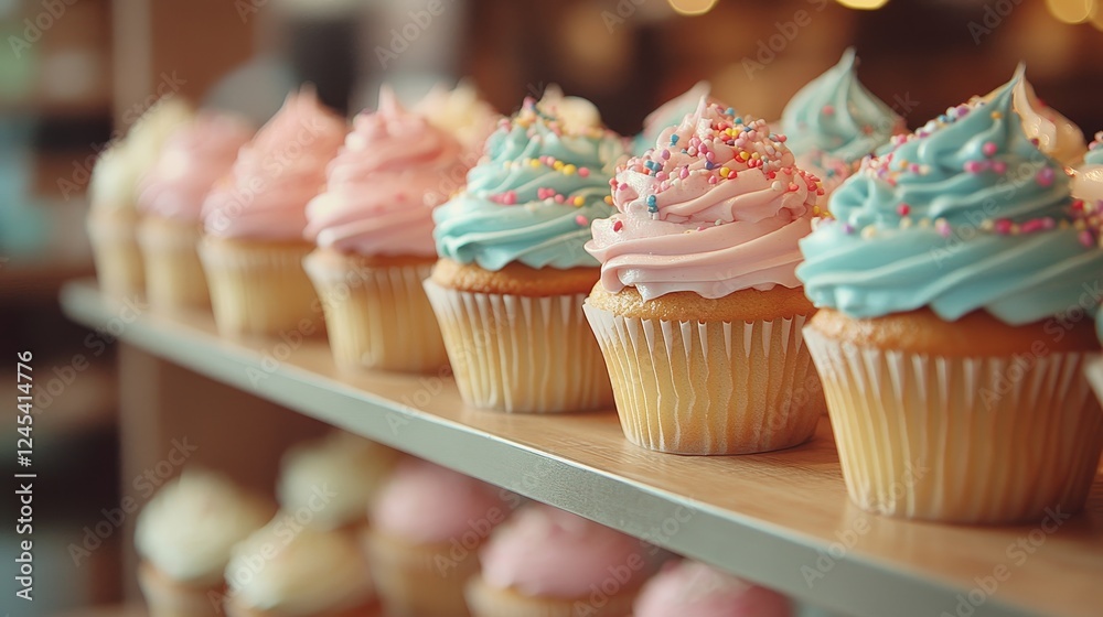 Colorful cupcakes with sprinkles on display in a bakery setting Colorful cupcakes with sprinkles on display in a bakery setting