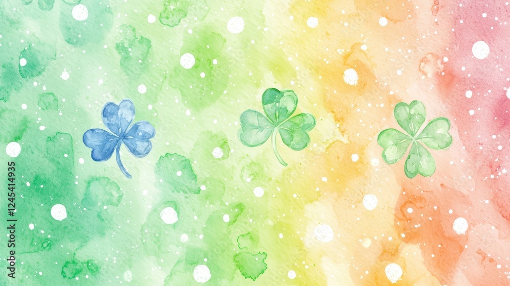 Fototapeta premium Watercolor shamrocks on rainbow background with splatters and dots