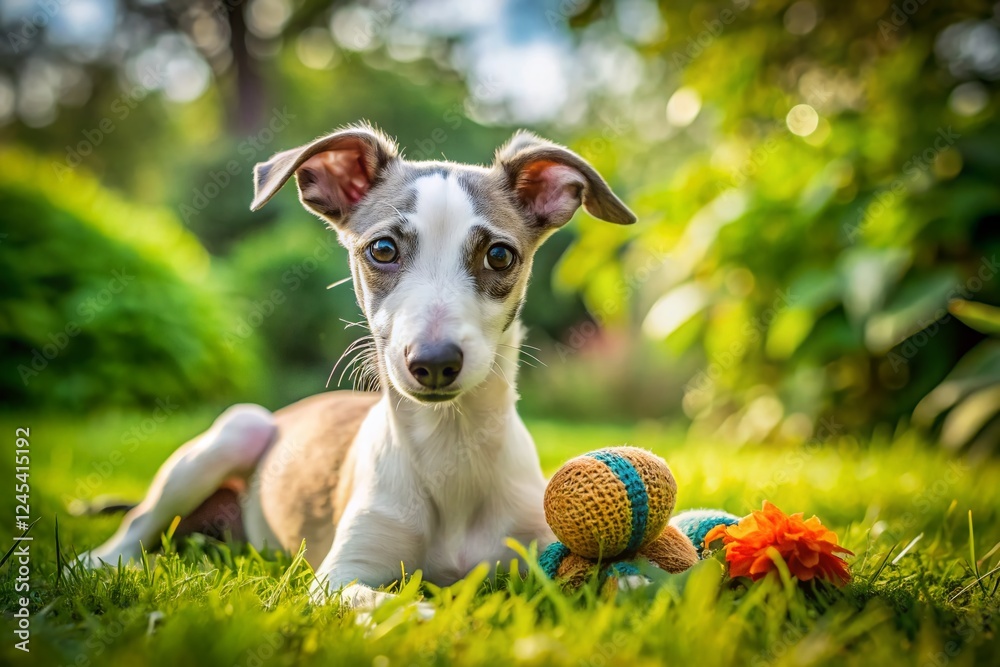 Adorable Whippet Puppy Playing in Garden - Green Grass Stock Photo Adorable Whippet Puppy Playing in Garden - Green Grass Stock Photo