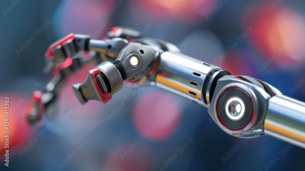 Fototapeta premium Close-up of advanced robotic arm with metallic and red accents performing precise movements in a futuristic medical research facility, symbolizing innovation and AI-driven healthcare technology.