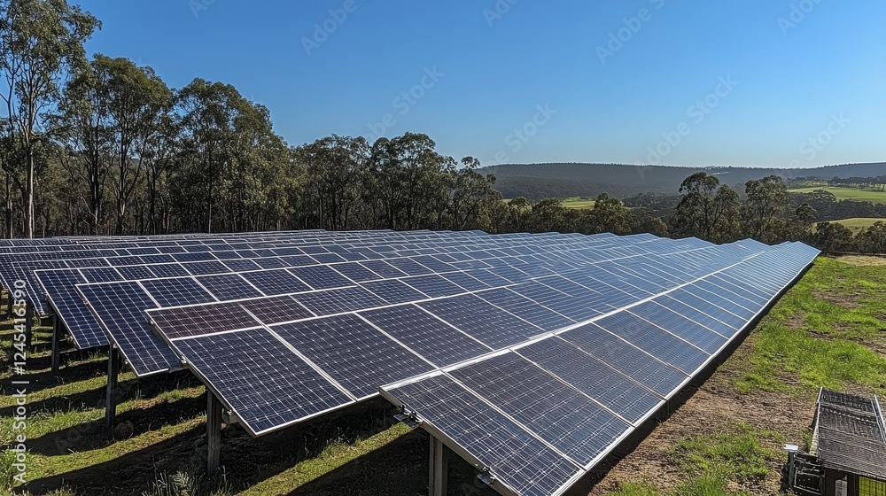Large solar panel farm in rural landscape with blue sky and greenery Large solar panel farm in rural landscape with blue sky and greenery