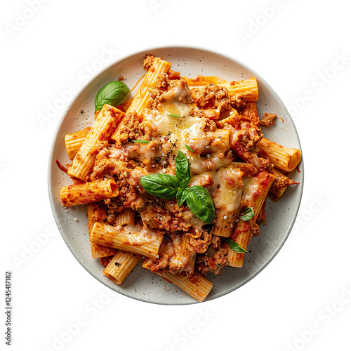Rigatoni pasta with Bolognese sauce and melted mozzarella, topped with fresh basil leaves, close-up, overhead view on white background