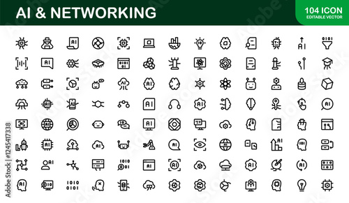 AI and Networking Icons. High-Quality Vector Illustrations for Machine Learning, Cloud Networking, Data Security, and UI/UX Design Solutions