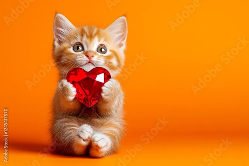 Siberian - my desired cat. Cute siberian baby cat with diamond red heart - emblem of love, funny greeting card. Marketing idea. Pet with flowers valentine. Red love-themed animal image. photo