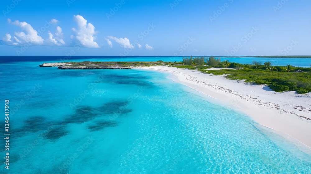 Fototapeta premium Tropical paradise, pristine white sand beach meeting turquoise water, ideal for relaxation and vacation themed projects.