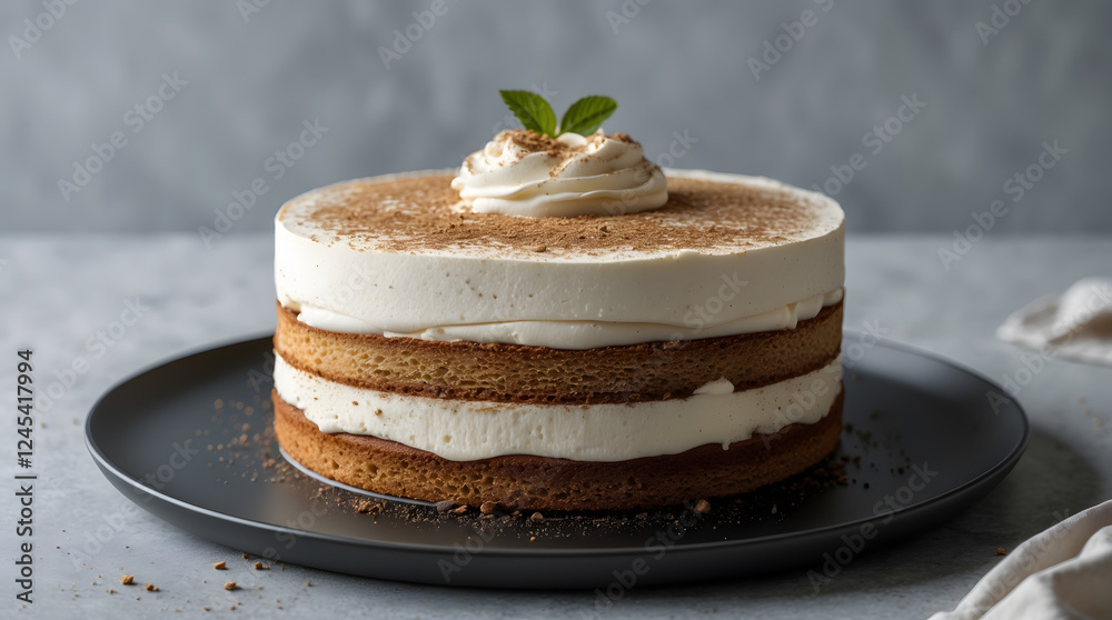 Tiramisu cake on a black plate with cocoa powder. Perfect for food blogs, restaurant menus, dessert recipes, and promotional materials Tiramisu cake on a black plate with cocoa powder. Perfect for food blogs, restaurant menus, dessert recipes, and promotional materials