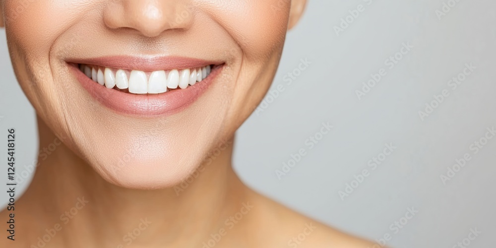 Obraz premium Women's History Month Concepts. Smiling woman showcasing healthy, bright teeth against a neutral background.