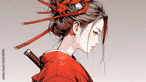 Powerful girl in red traditional Japanese attire dressed as a warrior with a katana sword drawn in anime style Anime Wallpaper Background Illustration Aesthetic