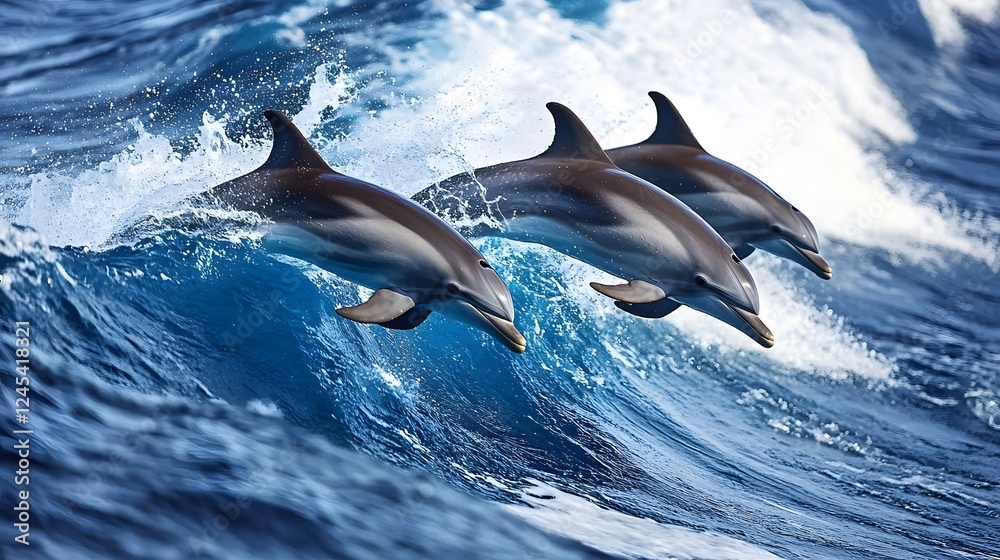 Fototapeta premium Three dolphins leaping through ocean waves, playful marine life in motion, vibrant blue water, perfect for nature themes.