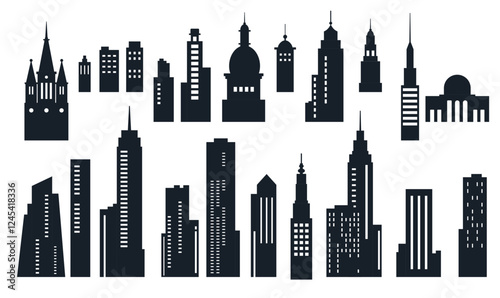 Black Silhouette Elements Set of Skyscraper Tower Building in City Town