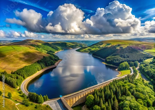 Aerial Panoramic View of Clywedog Reservoir, Llanidloes, Wales photo