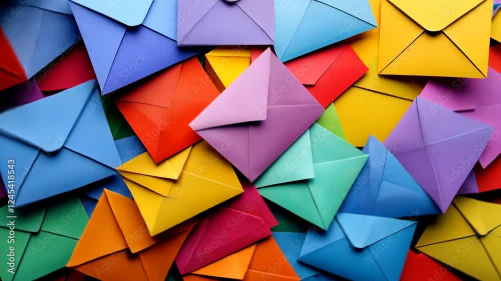 Colorful envelopes cascading in dynamic motion across vivid backdrop