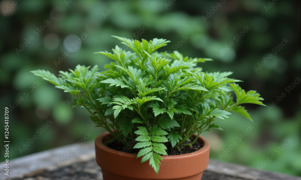 Fototapeta premium Parsley Fern (Cryptogramma crispa) Delicate fern with finely divided green leaves, planted in a small terracotta pot, perfect for shaded