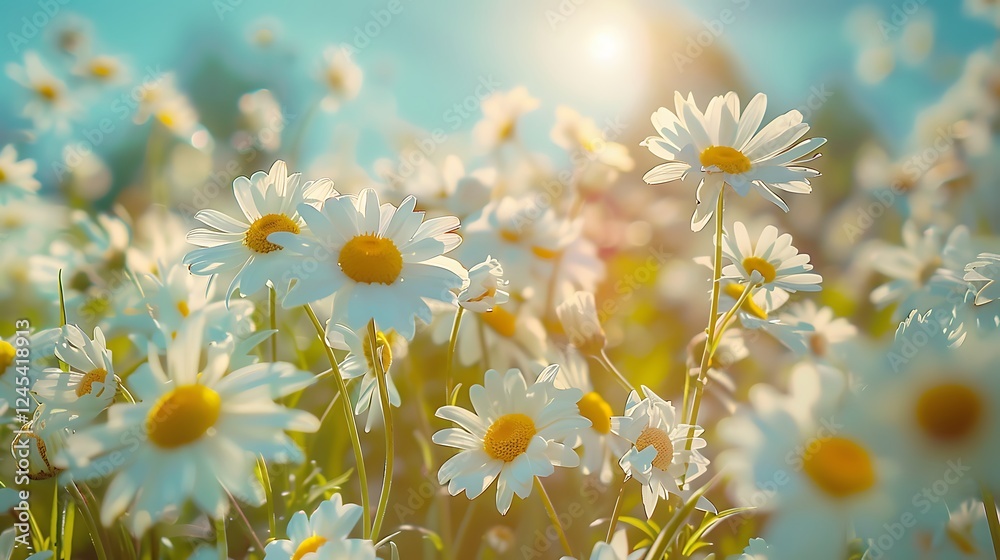 Fototapeta premium A beautiful, sun-drenched spring summer meadow. Natural colorful panoramic landscape with many wild flowers of daisies against blue sky. A frame with soft selective focus.