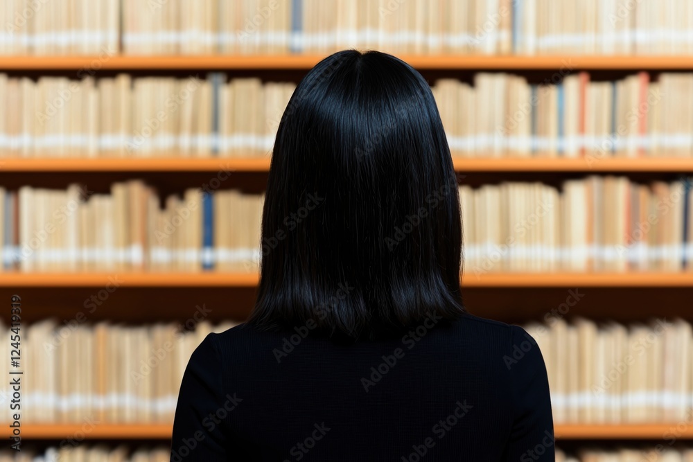 Women's History Month Concepts. Person facing a bookshelf filled with books in a library setting. Women's History Month Concepts. Person facing a bookshelf filled with books in a library setting.