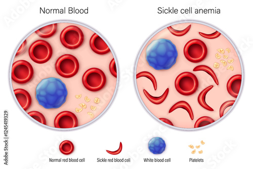 Comparison between normal blood and sickle cell anemia vector. Sickle cell disease. Blood smear. An inherited blood disorder. Medical education.