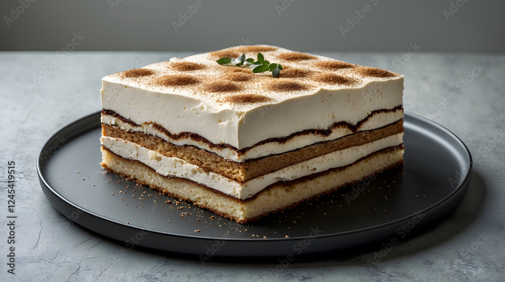 Tiramisu cake on a black plate with cocoa powder. Perfect for food blogs, restaurant menus, dessert recipes, and promotional materials Tiramisu cake on a black plate with cocoa powder. Perfect for food blogs, restaurant menus, dessert recipes, and promotional materials