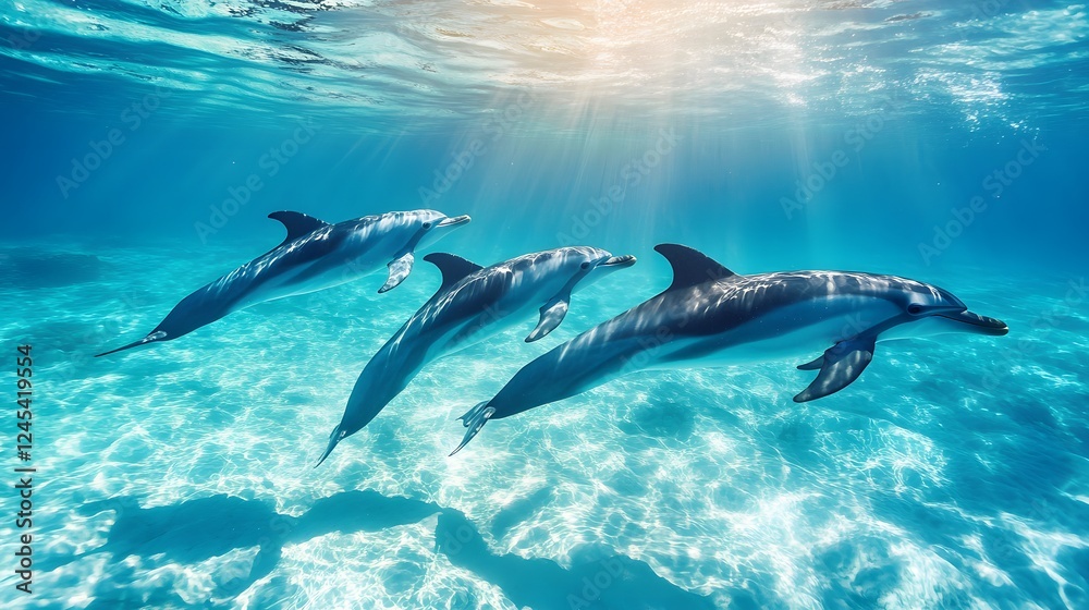 Naklejka premium Three playful dolphins swimming together, vibrant ocean hues, showcasing marine life harmony, perfect for aquatic themes.