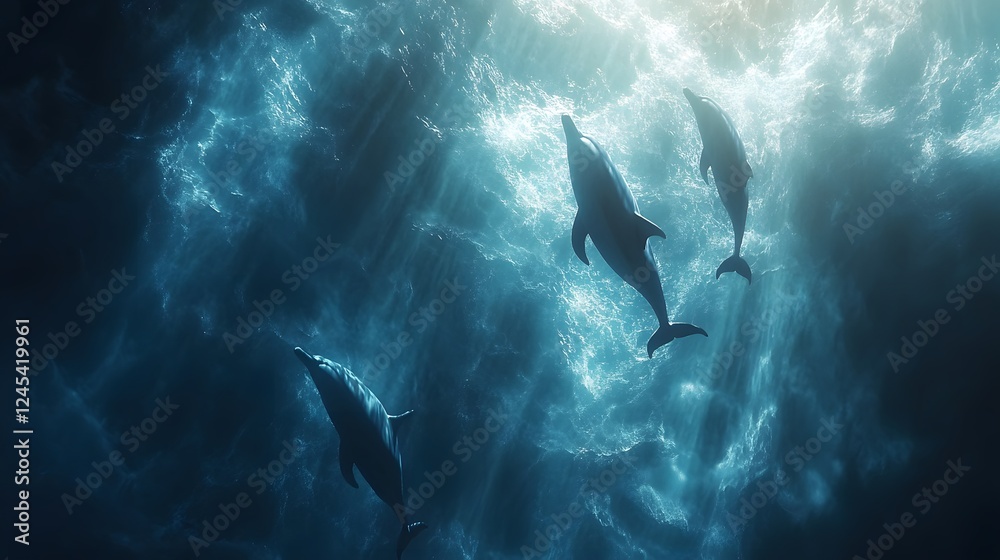 Obraz premium Mystical underwater scene, ethereal light filtering through water, marine life drifting, perfect for nature-themed displays.