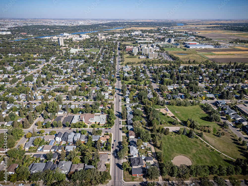Fototapeta premium City street with houses and a park