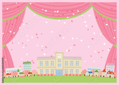 春の学校劇場、イラスト、背景、かわいい、横、桜、ピンク