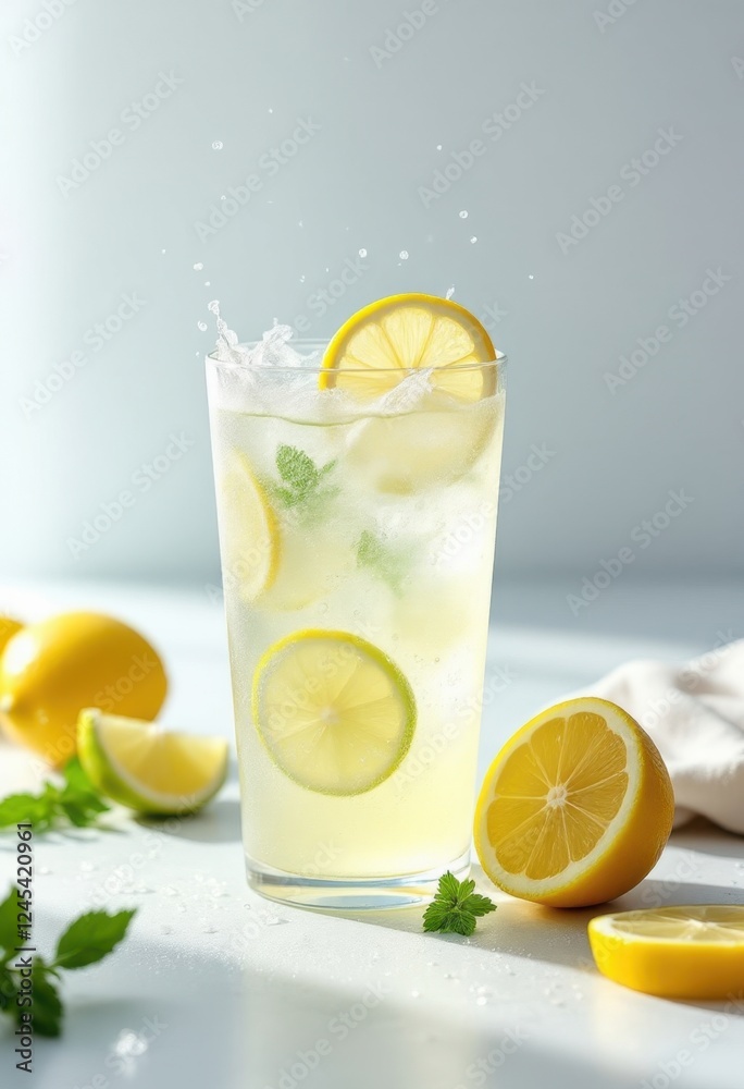 Fresh lemonade splash with mint and whole lemons on a sunny day Fresh lemonade splash with mint and whole lemons on a sunny day