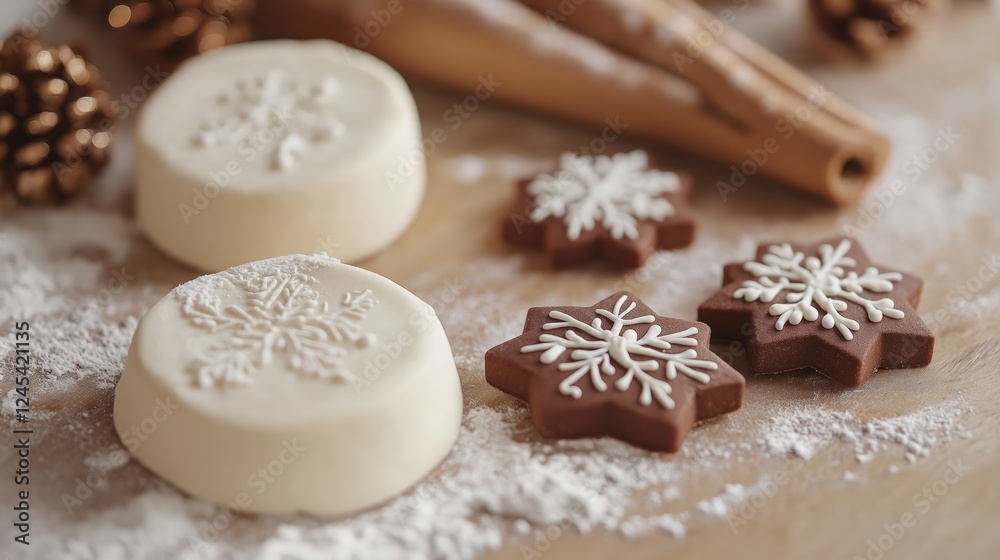 White dough with Christmas cookies cut out and placed next to it on a table White dough with Christmas cookies cut out and placed next to it on a table