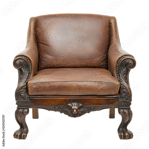 Vintage Leather Armchair with Ornate Carved Wood Detailing and Classic Elegance photo