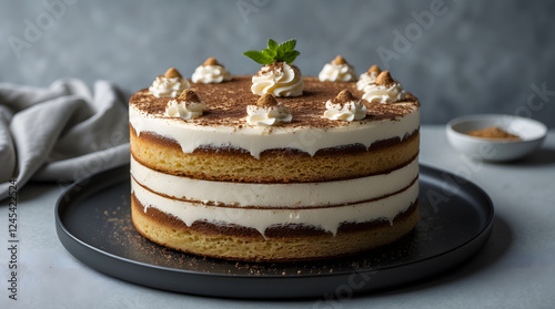 Wallpaper Mural Tiramisu cake on a black plate with cocoa powder. Perfect for food blogs, restaurant menus, dessert recipes, and promotional materials Torontodigital.ca