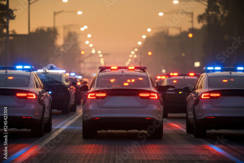 Police vehicles forming a blockade under hazy streetlights during a chase photo