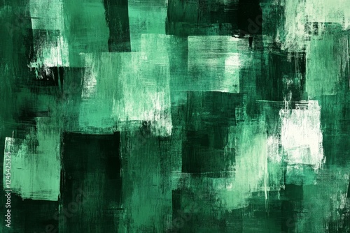 Abstract green brush strokes painting with textured rectangular patterns and varying shades